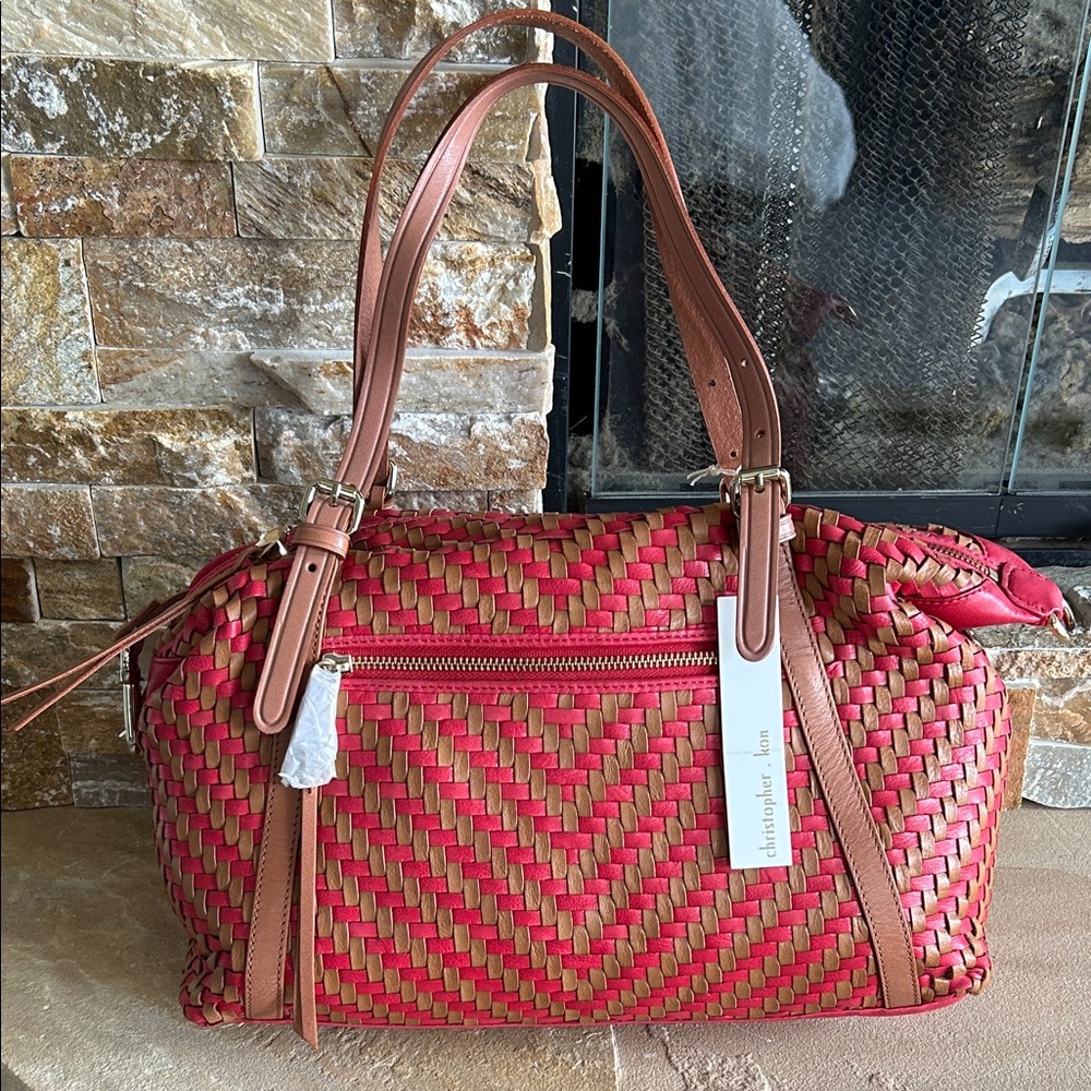 Christopher Kon Red and Tan Woven Shoulder Bag